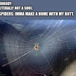 I was today years old when I realized this | NOBODY:
LITERALLY NOT A SOUL: SPIDERS: IMMA MAKE A HOME WITH MY BUTT. | image tagged in spiderweb,butt | made w/ Imgflip meme maker