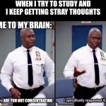 Studying is hard | WHEN I TRY TO STUDY AND I KEEP GETTING STRAY THOUGHTS ARE YOU NOT CONCENTRATING ME TO MY BRAIN: | image tagged in why is no one having a good time i specifically requested it,school | made w/ Imgflip meme maker