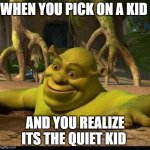 You F**ked up big time if you did this | WHEN YOU PICK ON A KID; AND YOU REALIZE ITS THE QUIET KID | image tagged in shreck | made w/ Imgflip meme maker