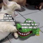 ADHD meme's #5 | ME WITH ADHD AND CAN'T CONTROL IT; PEOPLE THINKING I'M JUST DUMB AND LAZY | image tagged in cat and alligator,adhd | made w/ Imgflip meme maker
