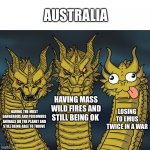 King Ghidorah | HAVING THE MOST DANGEROUS AND POISONOUS ANIMALS ON THE PLANET AND STILL BEING ABLE TO THRIVE HAVING MASS WILD FIRES AND STILL BEING OK LOSIN | image tagged in king ghidorah | made w/ Imgflip meme maker