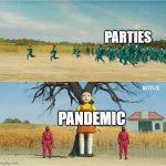 Squid Game | PARTIES; PANDEMIC | image tagged in squid game | made w/ Imgflip meme maker