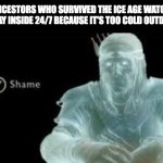 Y (Shame) | MY ANCESTORS WHO SURVIVED THE ICE AGE WATCHING ME STAY INSIDE 24/7 BECAUSE IT'S TOO COLD OUTDOORS: | image tagged in y shame | made w/ Imgflip meme maker