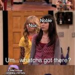 Um... watcha got there? A smoothie | Lilly; A baby carriage; Noble; Nux; A baby carriage containing a fox baby named Fundy that she stole from a guy named Wilbur; Lilly | image tagged in um watcha got there a smoothie | made w/ Imgflip meme maker