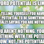 I'm not sure if this is helpful, or if I got the message I wanted across, but listen to it anyway | THE WORD POTENTIAL IS LIMITING; TELLING YOURSELF YOU HAVE THE POTENTIAL TO BE SOMETHING IS ESSENTIALLY SAYING YOU ARE NOTHING NOW; YOU AREN'T NOTHING. YOU'RE SOMETHING WITH THE POTENTIAL TO GROW, NOT THE POTENTIAL TO BE | image tagged in flowers,someone needs this,potential,you already are somthing,grow | made w/ Imgflip meme maker