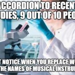 studies show | ACCORDION TO RECENT STUDIES, 9 OUT OF 10 PEOPLE; DON'T NOTICE WHEN YOU REPLACE WORDS WITH THE NAMES OF MUSICAL INSTRUMENTS. | image tagged in scientist researcher | made w/ Imgflip meme maker