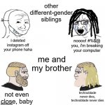 me and my brother in a nutshell (inaccurate picture) | other different-gender siblings; noooo! #%$@ you, i'm breaking your computer; i deleted instagram off your phone haha; me and my brother; not even close, baby; technoblade never dies, technoblade never dies | image tagged in soy boy chad,siblings,wut | made w/ Imgflip meme maker