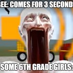 RUH OH THE BEEZS | BEE: COMES FOR 3 SECONDS; SOME 6TH GRADE GIRLS: | image tagged in 096 scream | made w/ Imgflip meme maker