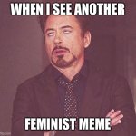 Bruh | WHEN I SEE ANOTHER FEMINIST MEME | image tagged in tony stark,feminist,why,eyeroll | made w/ Imgflip meme maker