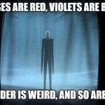 Slender Man | ROSES ARE RED, VIOLETS ARE BLUE; SLENDER IS WEIRD, AND SO ARE YOU | image tagged in slender man | made w/ Imgflip meme maker