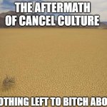 Cancel dez nuts | OF CANCEL CULTURE; THE AFTERMATH; NOTHING LEFT TO BITCH ABOUT | image tagged in desert,cancel culture | made w/ Imgflip meme maker