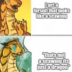 Wings Of Fire | I get a fursuit that looks like a seawing; "thats not a seawing its just a dragon" | image tagged in wings of fire,why,are,you,looking,at this | made w/ Imgflip meme maker