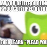 Evil duolingo owl | I SAW YOU DELETE DUOLINGO 
AFTER YOU GOT TIRED OF FRENCH; DID YOU EVER LEARN "PLEAD YOUR LIFE"? | image tagged in evil duolingo owl | made w/ Imgflip meme maker