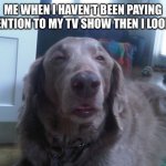 High Dog | ME WHEN I HAVEN’T BEEN PAYING ATTENTION TO MY TV SHOW THEN I LOOK UP | image tagged in memes,high dog | made w/ Imgflip meme maker