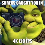 shrek camera | SHREKS CAUGHT YOU IN; 4K 120 FPS | image tagged in shrek camera | made w/ Imgflip meme maker
