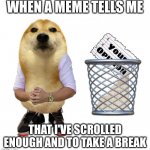 Thanks for sharing your opinion | WHEN A MEME TELLS ME; THAT I'VE SCROLLED ENOUGH AND TO TAKE A BREAK | image tagged in thanks for sharing your opinion | made w/ Imgflip meme maker