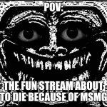 Dead stream. | POV:; THE FUN STREAM ABOUT TO DIE BECAUSE OF MSMG | image tagged in trollge eyes | made w/ Imgflip meme maker
