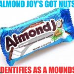 You can be whatever you want to be | ALMOND JOY'S GOT NUTS; IDENTIFIES AS A MOUNDS | image tagged in almond joy,funny memes,lgbtq,transgender | made w/ Imgflip meme maker