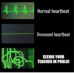 normal heartbeat deceased heartbeat | SEEING YOUR TEACHER IN PUBLIC | image tagged in school,normal heartbeat deceased heartbeat,teacher,funny memes,why do i do this | made w/ Imgflip meme maker