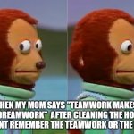 Mom's Be Like | WHEN MY MOM SAYS "TEAMWORK MAKES THE DREAMWORK"  AFTER CLEANING THE HOUSE BUT I CANT REMEMBER THE TEAMWORK OR THE DREAM. | image tagged in monkey meme | made w/ Imgflip meme maker