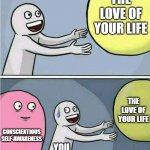 The price of responsibility. | THE LOVE OF YOUR LIFE; THE LOVE OF YOUR LIFE; CONSCIENTIOUS SELF-AWARENESS; YOU | image tagged in held back | made w/ Imgflip meme maker
