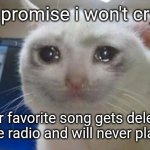 i promise | "i promise i won't cry"; your favorite song gets deleted from the radio and will never play again | image tagged in cat cry | made w/ Imgflip meme maker