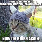 Björn again | I USED TO BE BJÖRN BUT I CHANGED MY NAME, THEN I CHANGED IT BACK. NOW I'M BJÖRN AGAIN. | image tagged in viking cat crochete hat | made w/ Imgflip meme maker