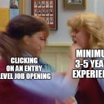 Not as Easier Than Expected | MINIMUM 3-5 YEARS EXPERIENCE; CLICKING ON AN ENTRY LEVEL JOB OPENING | image tagged in jo hitting blair,meme,memes | made w/ Imgflip meme maker