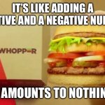McWhopper | IT’S LIKE ADDING A POSITIVE AND A NEGATIVE NUMBER; IT AMOUNTS TO NOTHING | image tagged in mcwhopper | made w/ Imgflip meme maker