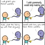 Stop it grammarly | I wish grammarly would stop making ads | image tagged in 3 wishes | made w/ Imgflip meme maker