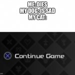 They don’t care | ME: DIES
MY DOG: IS SAD
MY CAT: | image tagged in x continue game | made w/ Imgflip meme maker