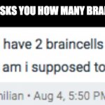 Bro what in the world | WHEN SOMEONE ASKS YOU HOW MANY BRAINCELLS YOU HAVE | image tagged in memes,funny | made w/ Imgflip meme maker