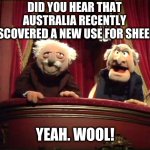Beastly | DID YOU HEAR THAT AUSTRALIA RECENTLY DISCOVERED A NEW USE FOR SHEEP? YEAH. WOOL! | image tagged in statler and waldorf | made w/ Imgflip meme maker
