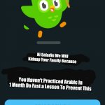 Duolingo When You Haven't Opened The App In 1 Month | Hi Saladin We Will Kidnap Your Family Because; You Haven't Practiced Arabic In 1 Month Do Fast a Lesson To Prevent This | image tagged in duolingo gun,duolingo bird,duolingo,name a more iconic duo,bad duo | made w/ Imgflip meme maker