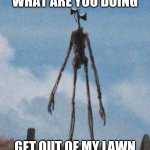 siren head | WHAT ARE YOU DOING; GET OUT OF MY LAWN | image tagged in siren head | made w/ Imgflip meme maker