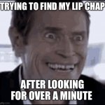 Frantic excited | TRYING TO FIND MY LIP CHAP; AFTER LOOKING FOR OVER A MINUTE | image tagged in frantic excited | made w/ Imgflip meme maker