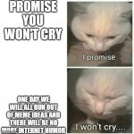 I promise I won't cry | PROMISE YOU WON'T CRY; ONE DAY WE WILL ALL RUN OUT OF MEME IDEAS AND THERE WILL BE NO MORE INTERNET HUMOR | image tagged in i promise i won't cry | made w/ Imgflip meme maker