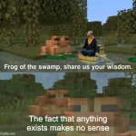 Hmmm | The fact that anything exists makes no sense | image tagged in frog of the swamp share us your wisdom | made w/ Imgflip meme maker