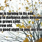 late autumn tee | The fire grows cold,
And I grow old,
And say good night to you, my friend. The year is turning to its end.
The day to darkness does descend. | image tagged in late autumn tee | made w/ Imgflip meme maker