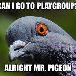 Pigeon | CAN I GO TO PLAYGROUP? ALRIGHT MR. PIGEON | image tagged in pigeon | made w/ Imgflip meme maker