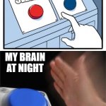 pls help me | ANYTHING AND EVERYTHING ELSE; SLEEP; MY BRAIN AT NIGHT | image tagged in two buttons 1 blue,sleep,distraction,help me,brains | made w/ Imgflip meme maker