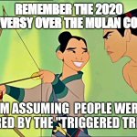 Mulan Cheats Disney | REMEMBER THE 2020 CONTROVERSY OVER THE MULAN COSTUME? I'M ASSUMING  PEOPLE WERE BOTHERED BY THE "TRIGGERED TREATING" | image tagged in mulan cheats disney | made w/ Imgflip meme maker