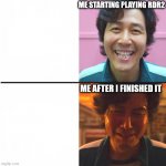 Squid Game before and after meme | ME STARTING PLAYING RDR2; ME AFTER I FINISHED IT | image tagged in squid game before and after meme | made w/ Imgflip meme maker