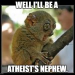 monkey with stick | WELL I'LL BE A ATHEIST'S NEPHEW. | image tagged in monkey with stick | made w/ Imgflip meme maker