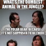 bad joke jack 3 panel | WHAT’S THE DUMBEST ANIMAL IN THE JUNGLE? THE POLAR BEAR, BECAUSE IT’S NOT SUPPOSED TO BE THERE | image tagged in bad joke jack 3 panel | made w/ Imgflip meme maker