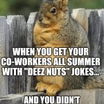 Don't Got Em... | WHEN YOU GET YOUR CO-WORKERS ALL SUMMER WITH "DEEZ NUTS" JOKES... AND YOU DIDN'T SAVE ANY NUTS FOR WINTER | image tagged in annoyed squirrel | made w/ Imgflip meme maker