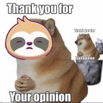 Sloth thank you for your opinion meme