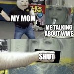 Woman Yelling At Cat Flex Tape Crossover | MY MOM; ME TALKING ABOUT WWE; SHUT | image tagged in woman yelling at cat flex tape crossover | made w/ Imgflip meme maker