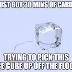 Ice Cube Cardio | I JUST GOT 30 MINS OF CARDIO; TRYING TO PICK THIS ICE CUBE UP OFF THE FLOOR | image tagged in ice cube,cardio,workout | made w/ Imgflip meme maker