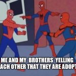 three spider man | ME AND MY  BROTHERS  YELLING AT EACH OTHER THAT THEY ARE ADOPTED | image tagged in three spider man | made w/ Imgflip meme maker
